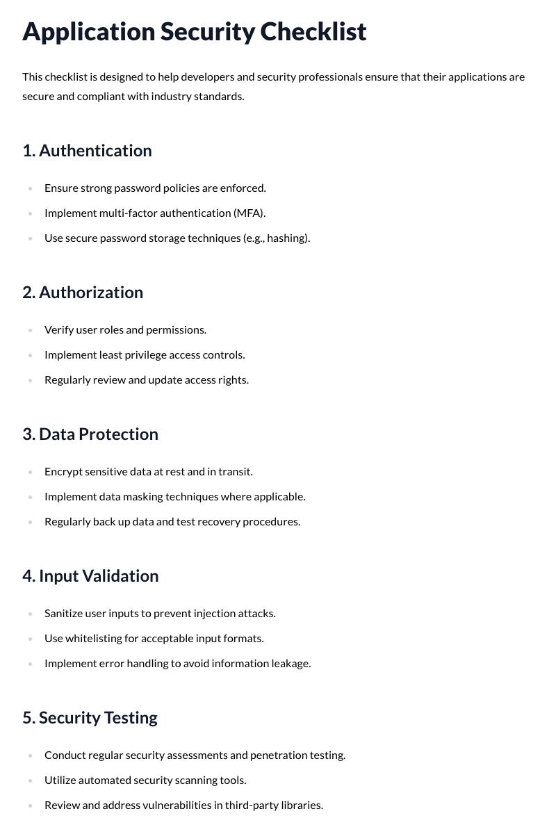 Application Security Checklist Template