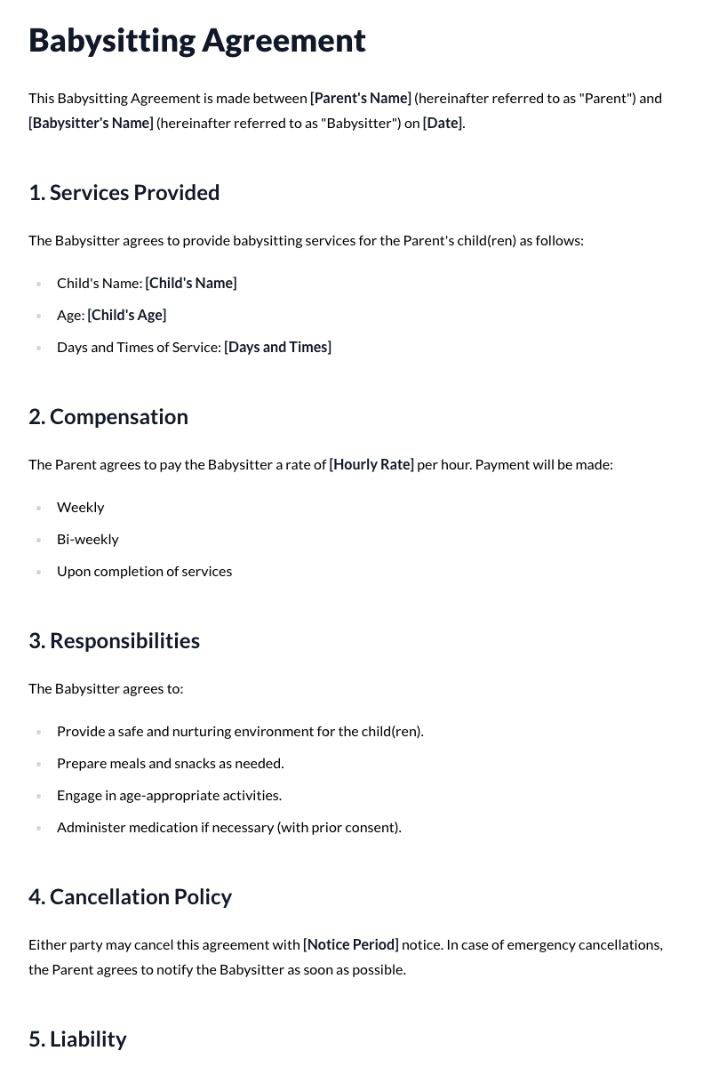 Babysitting Agreement Template