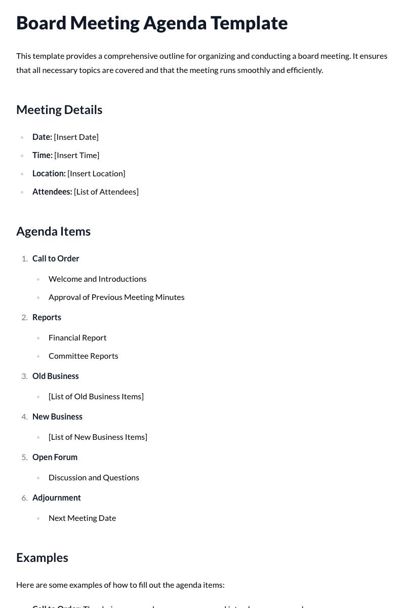Board Meeting Agenda Template