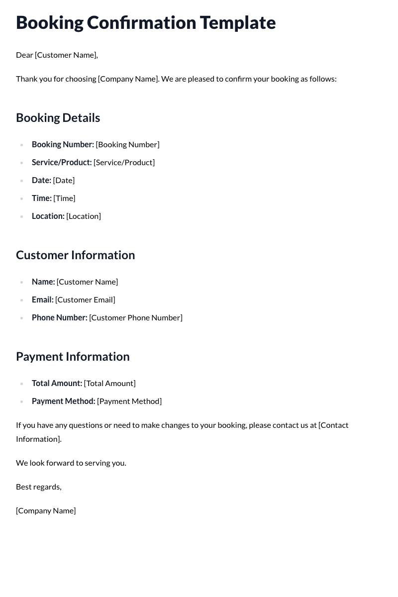 Booking Confirmation Template
