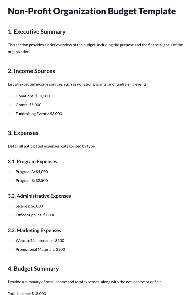 Budget Template for Non-Profit