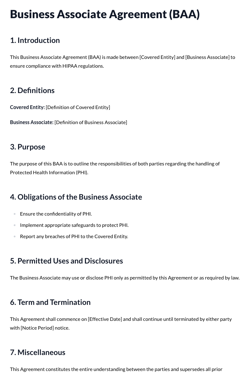 Business Associate Agreements (BAAs) Template