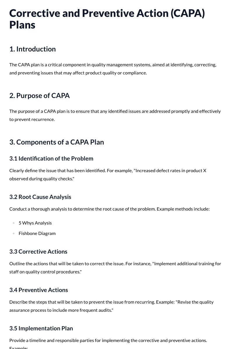 Corrective and Preventive Action (CAPA) Plans