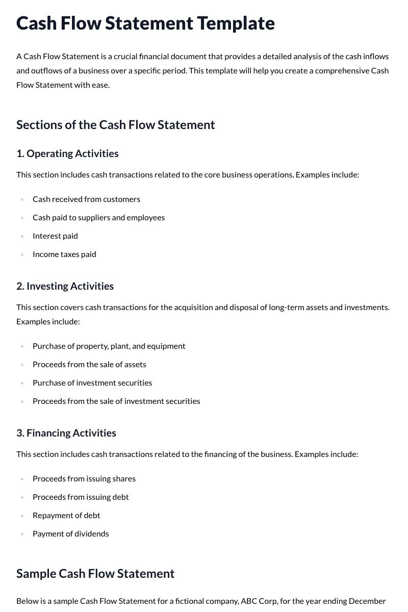 Cash Flow Statement Template