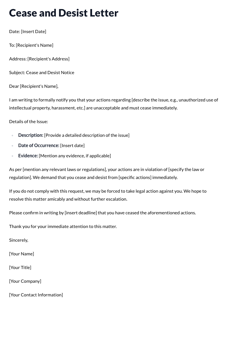 Cease and Desist Letter Template