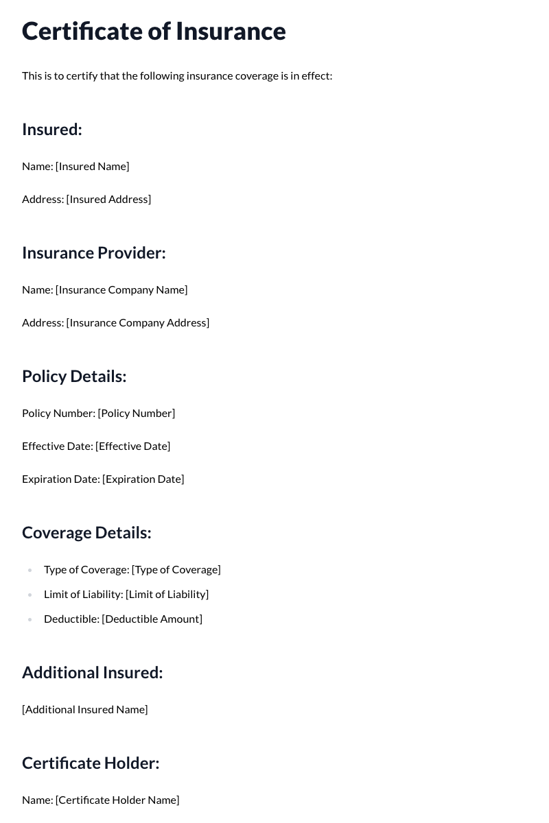 Certificate of Insurance Template