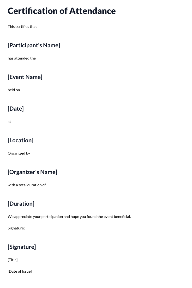 Certification of Attendance Template