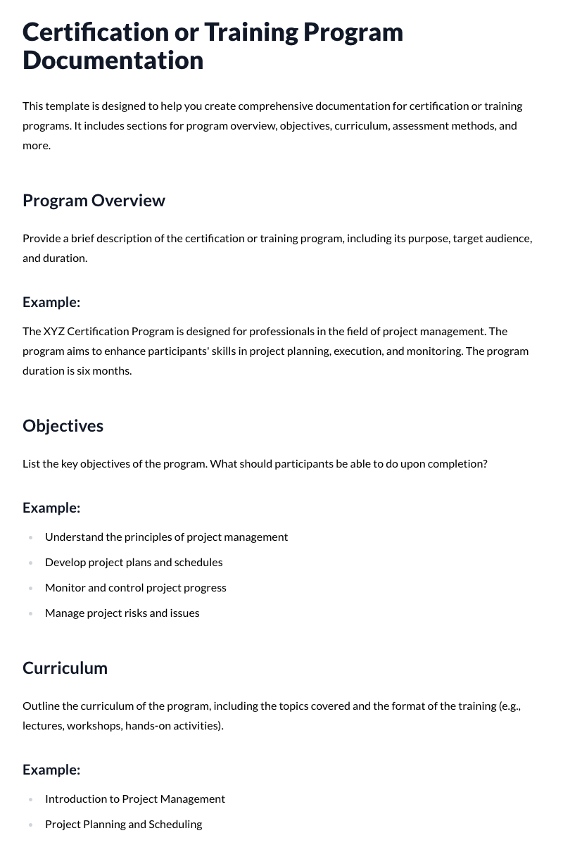 Certification or Training Program Documentation