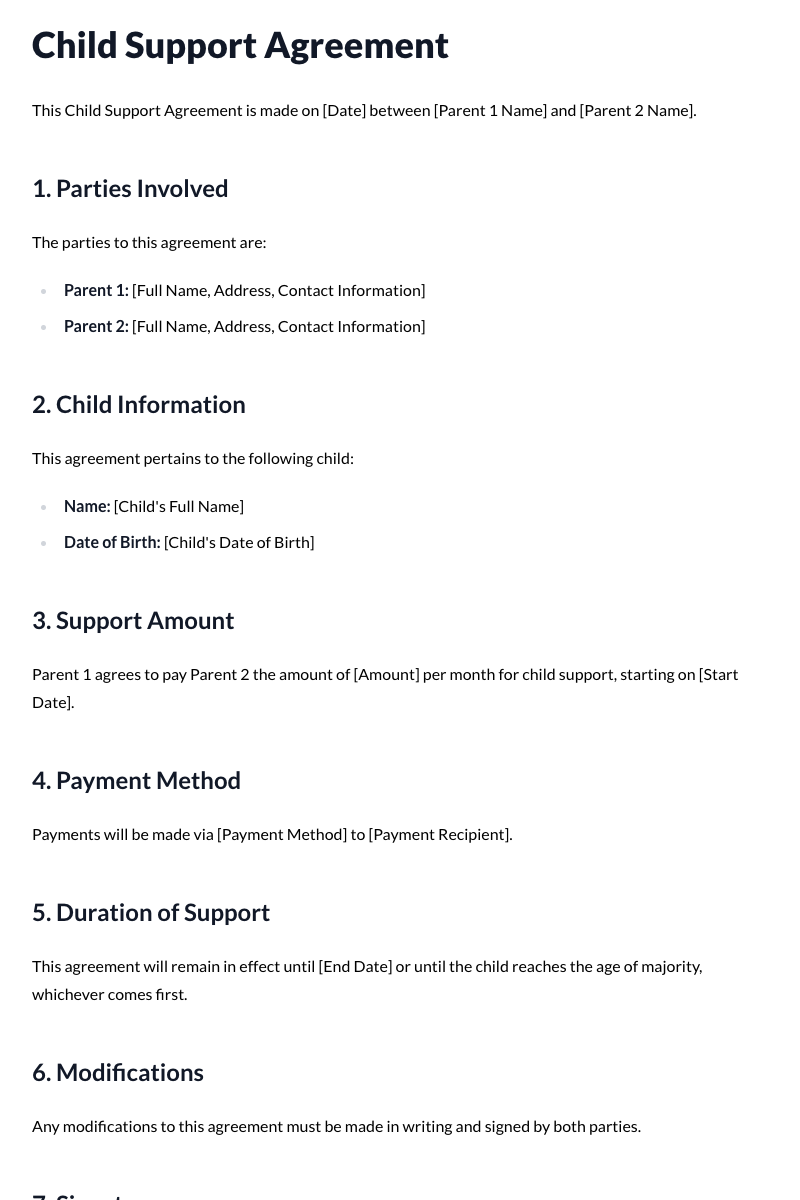 Child Support Agreement Template