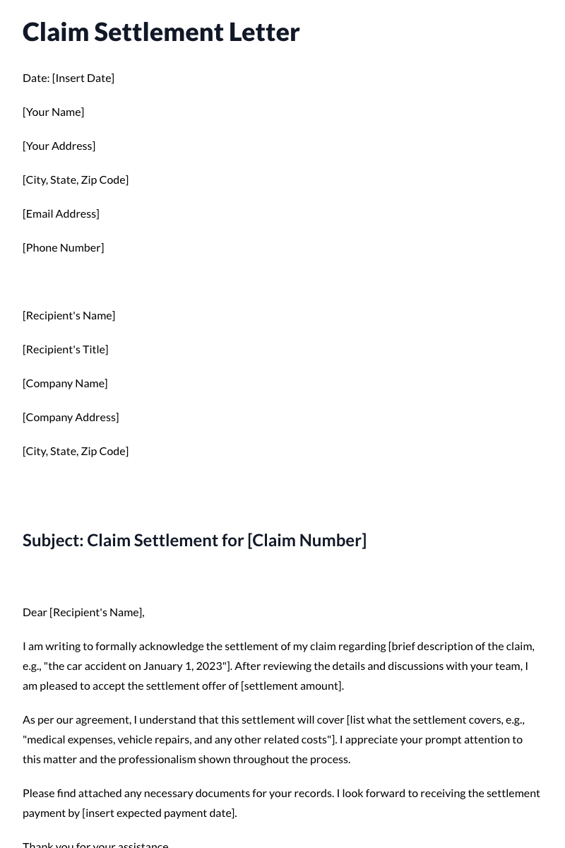 Claim Settlement Letter Template