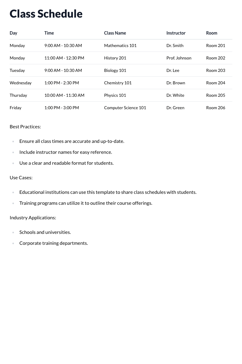 Class Schedule Template