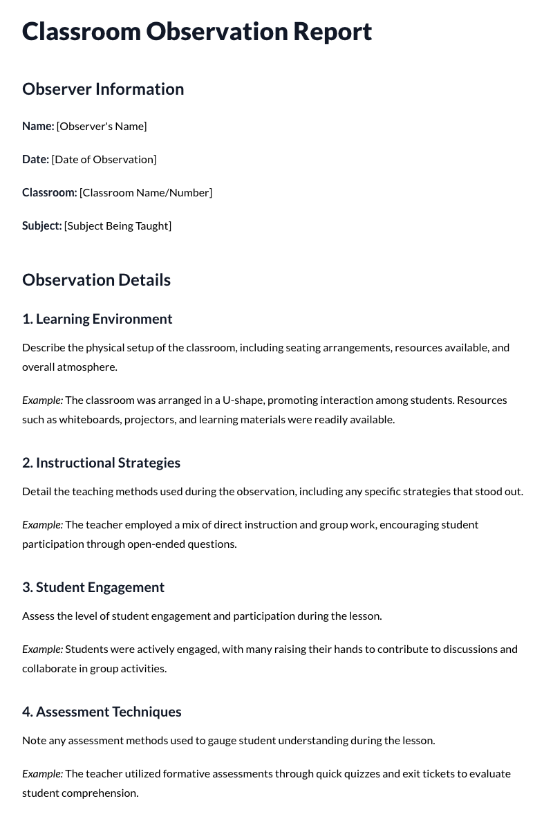 Classroom Observation Report Template