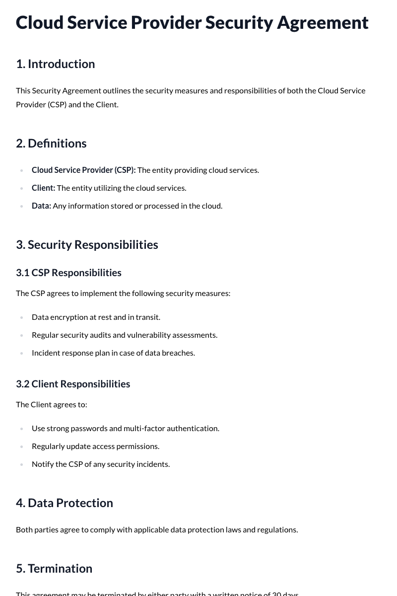 Cloud Service Provider Security Agreement Template