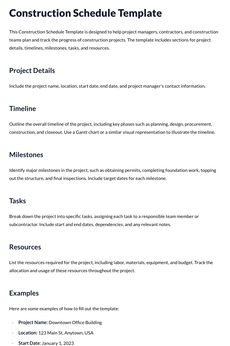 Construction Schedule Template