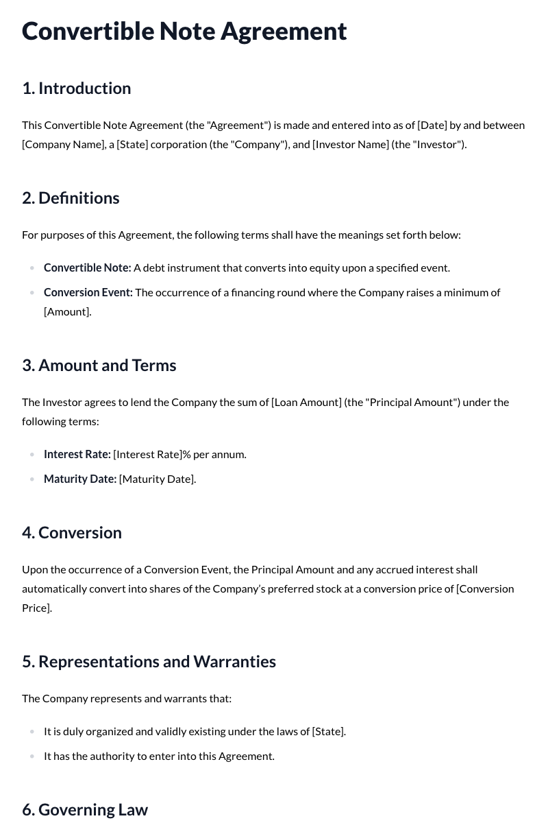 Convertible Note Agreement Template