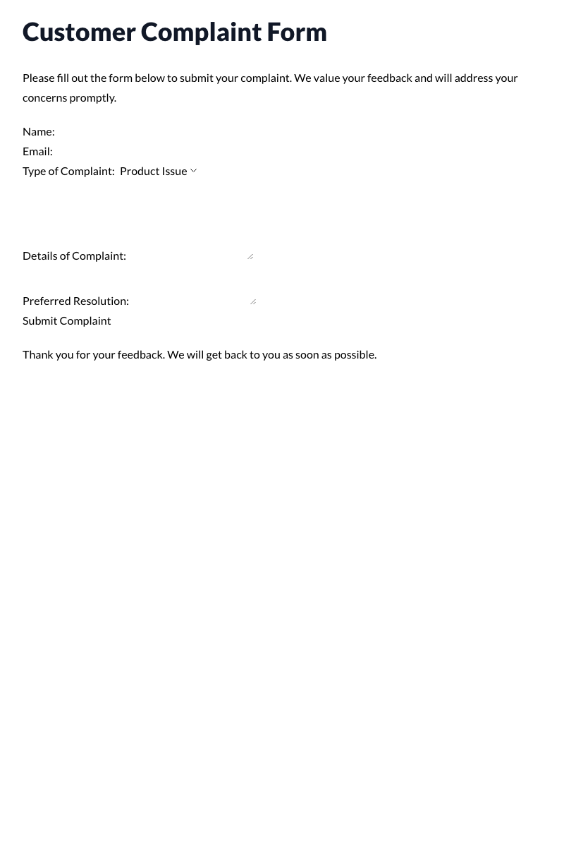 Customer Complaint Form Template
