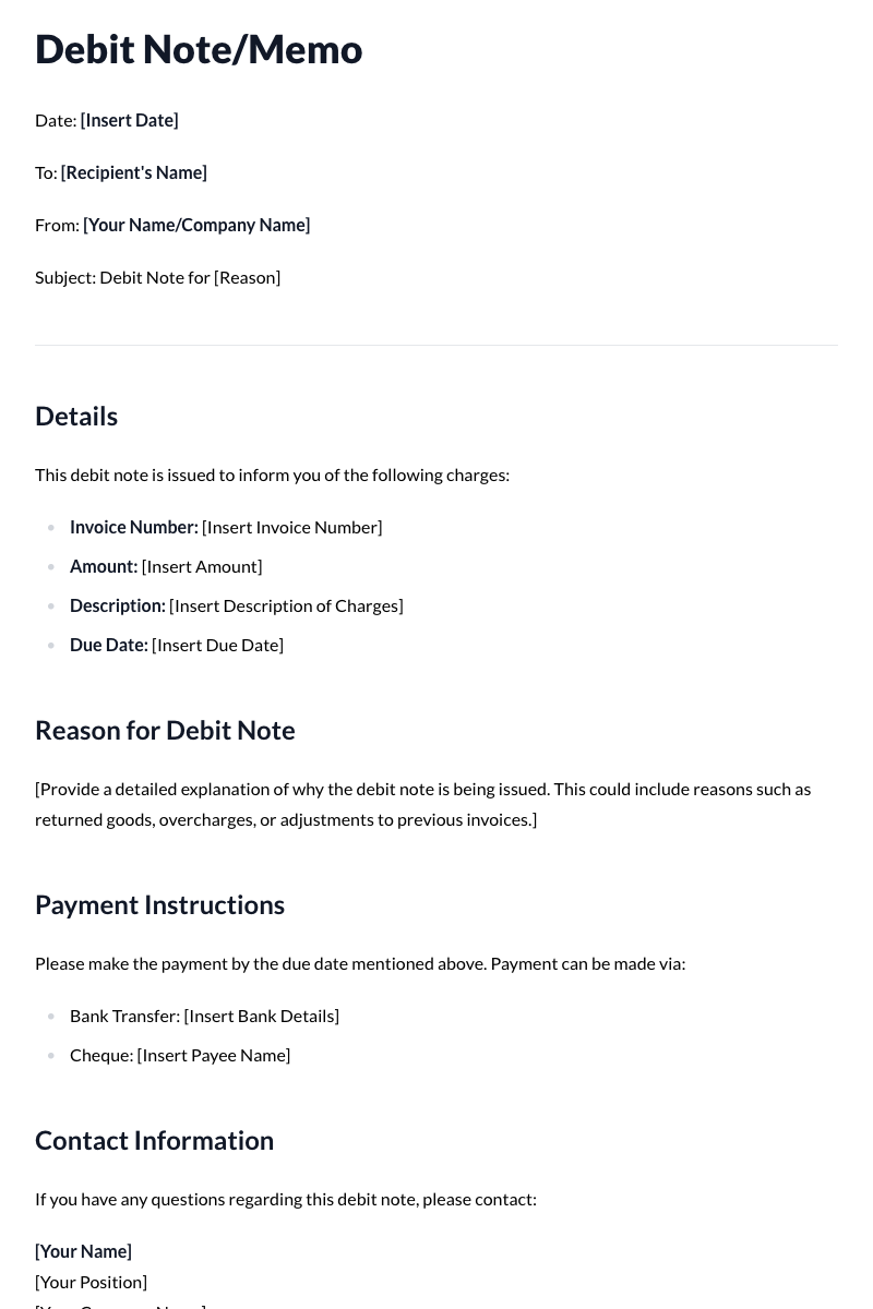 Debit Notes/Memos Template