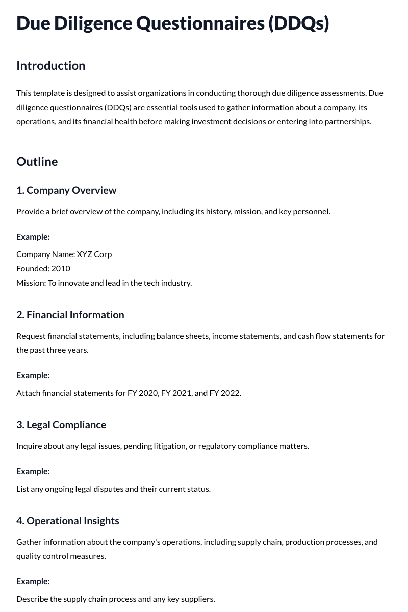 Due Diligence Questionnaires (DDQs) Template
