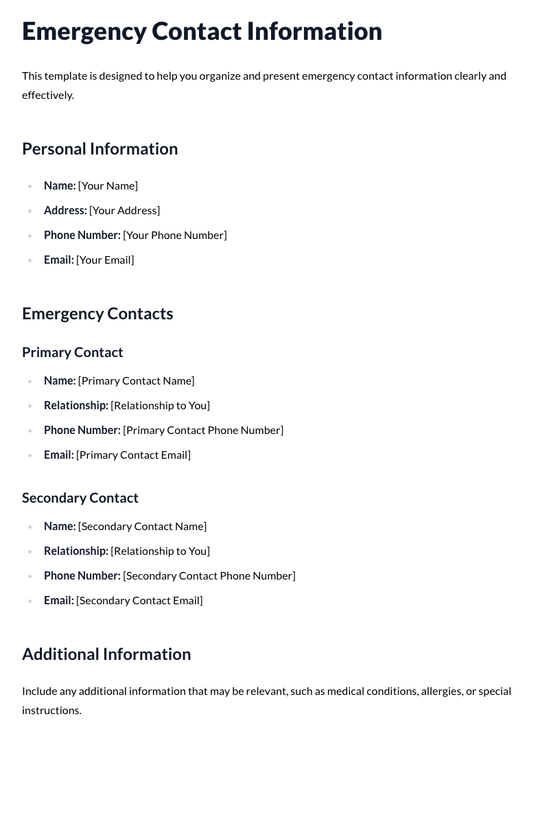Emergency Contact Information Template