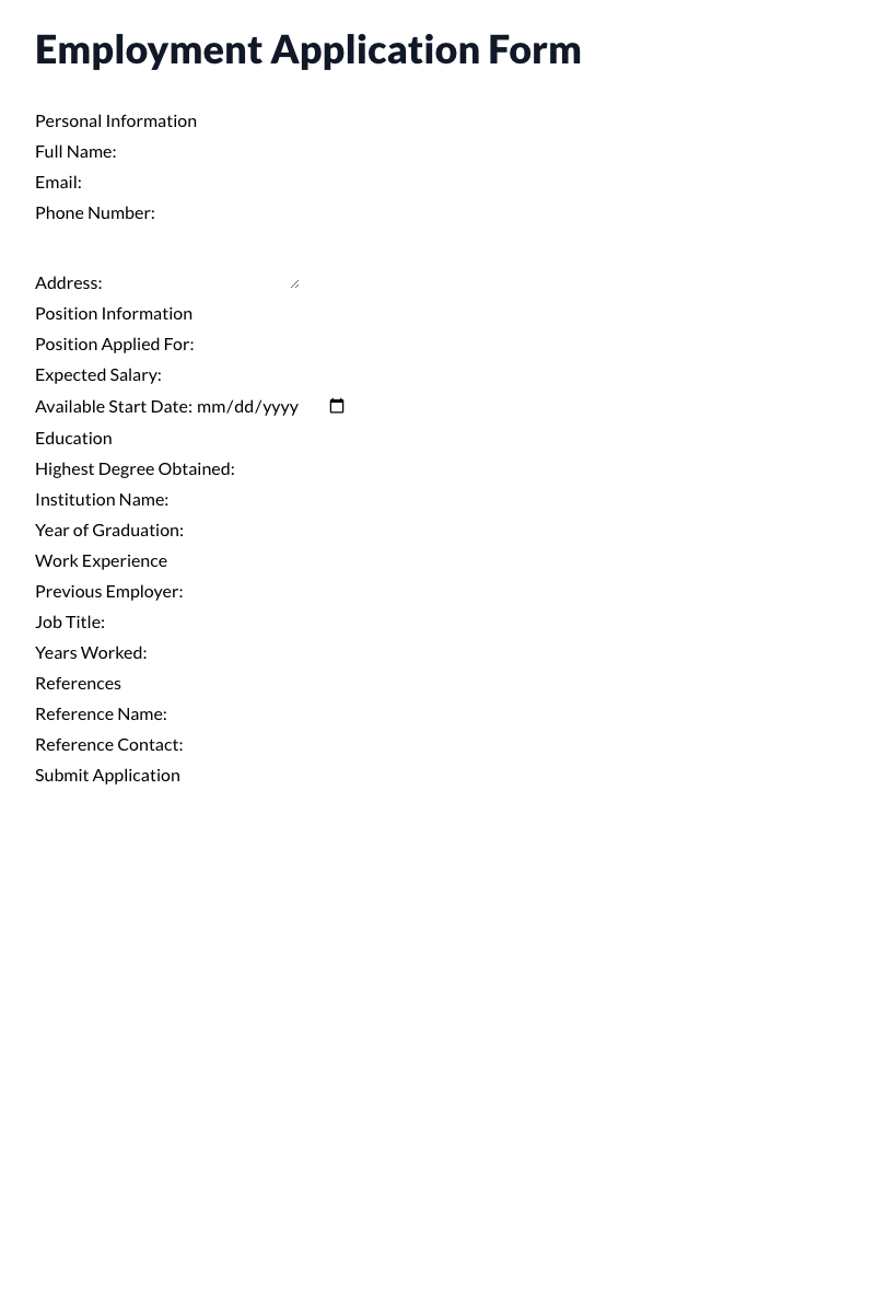 Employment Application Form Template