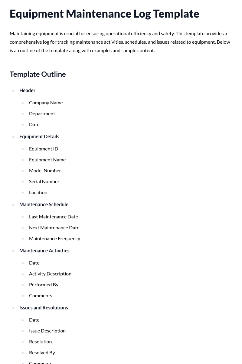 Equipment Maintenance Log Template