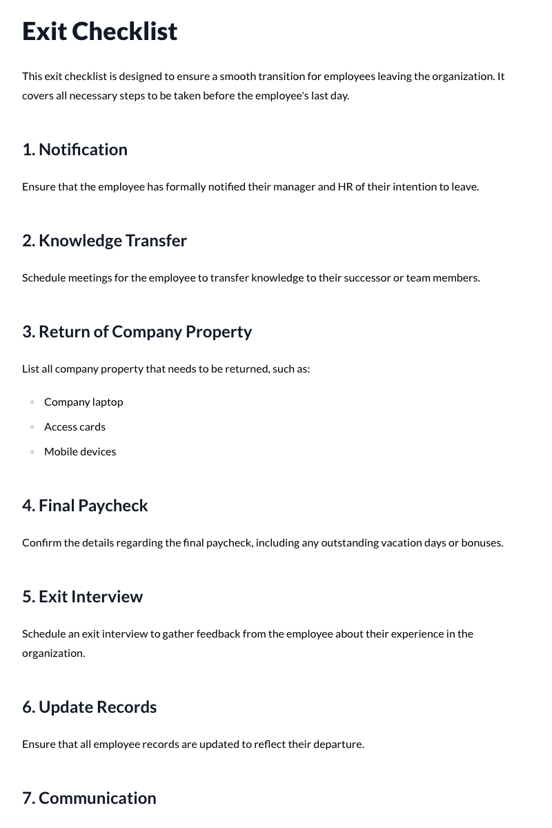 Exit Checklist Template
