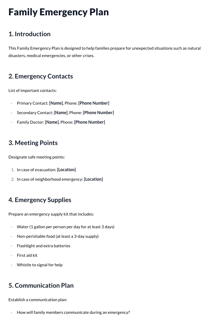 Family Emergency Plan Template