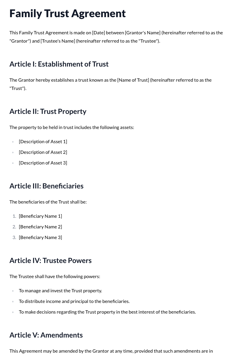 Family Trust Agreement Template