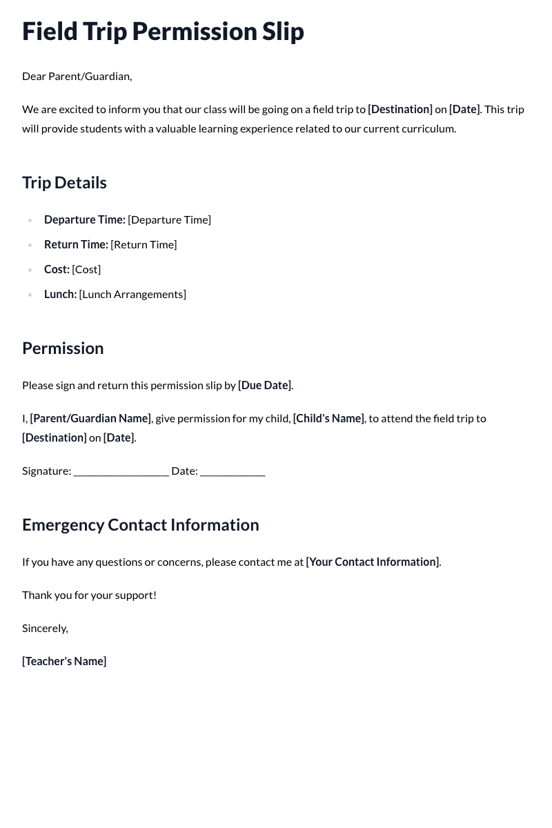 Field Trip Permission Slip Template