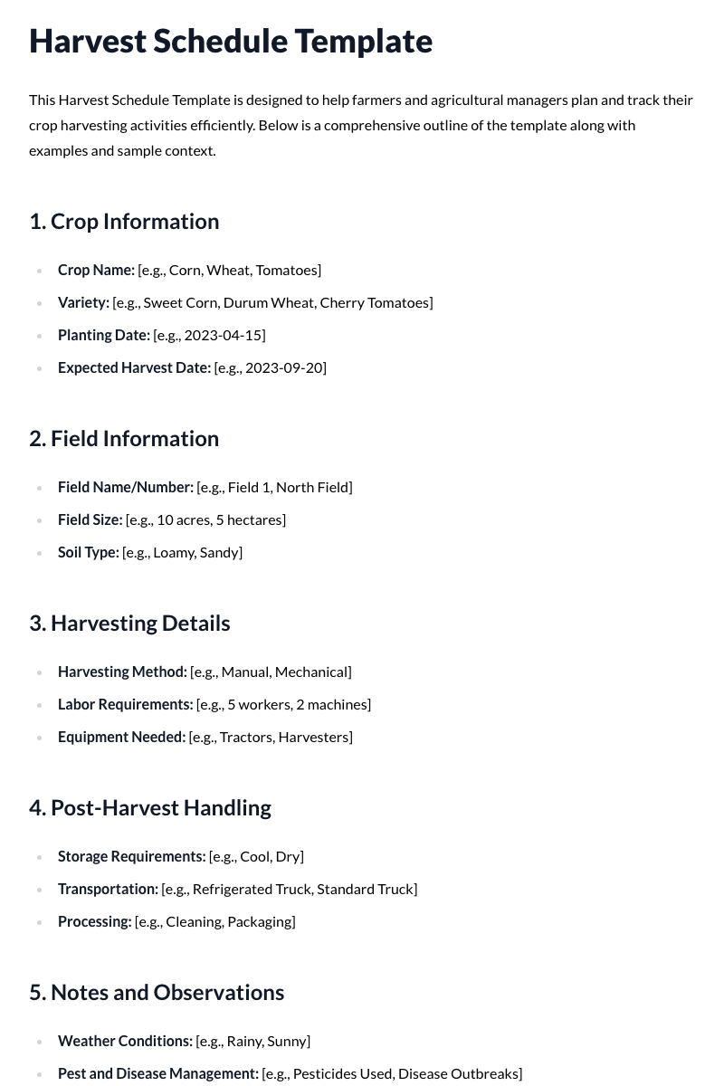 Harvest Schedule Template