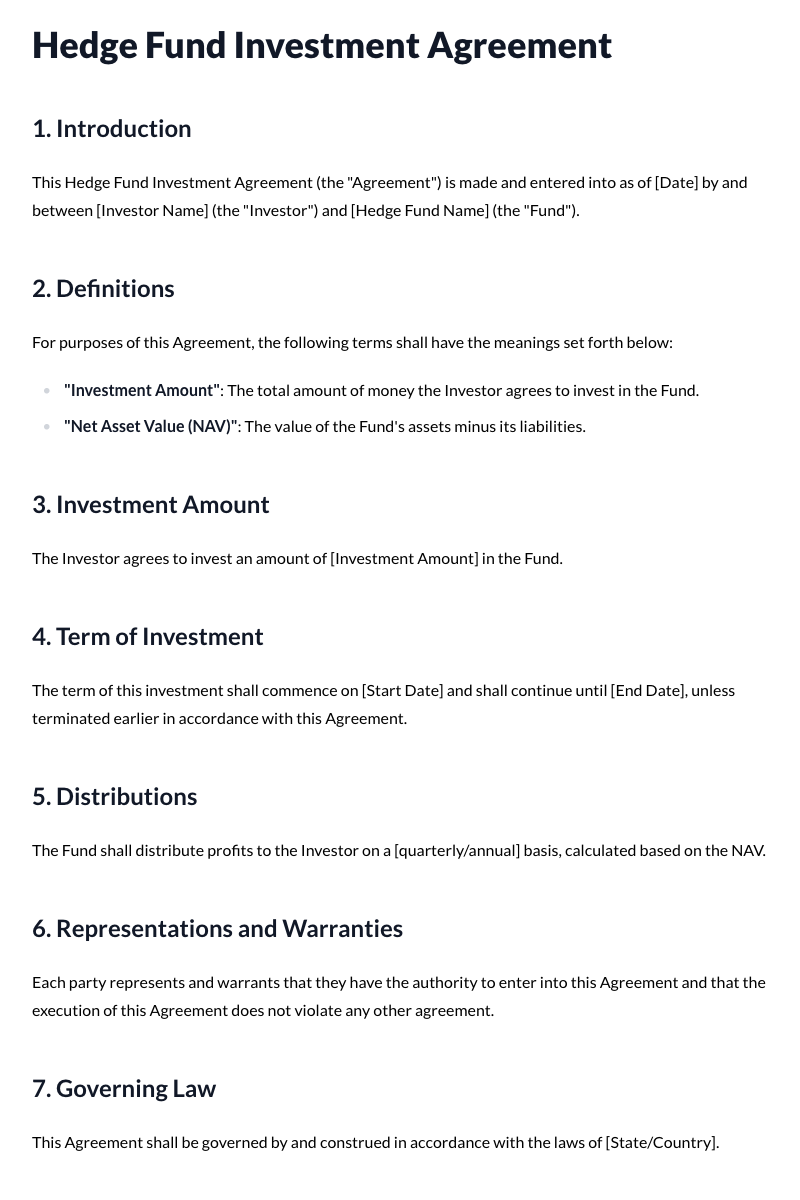 Hedge Fund Investment Agreements