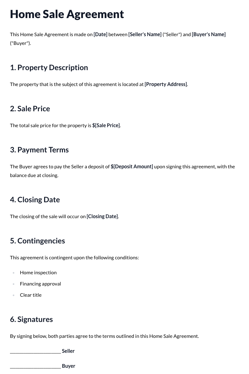 Home Sale Agreement Template