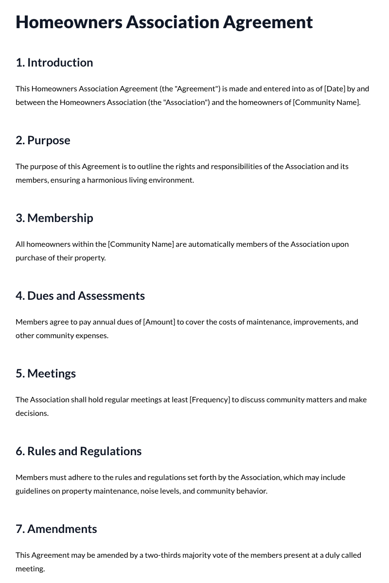 Homeowners Association Agreement Template