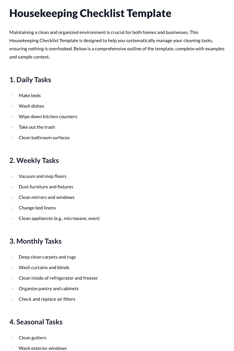 Housekeeping Checklist Template