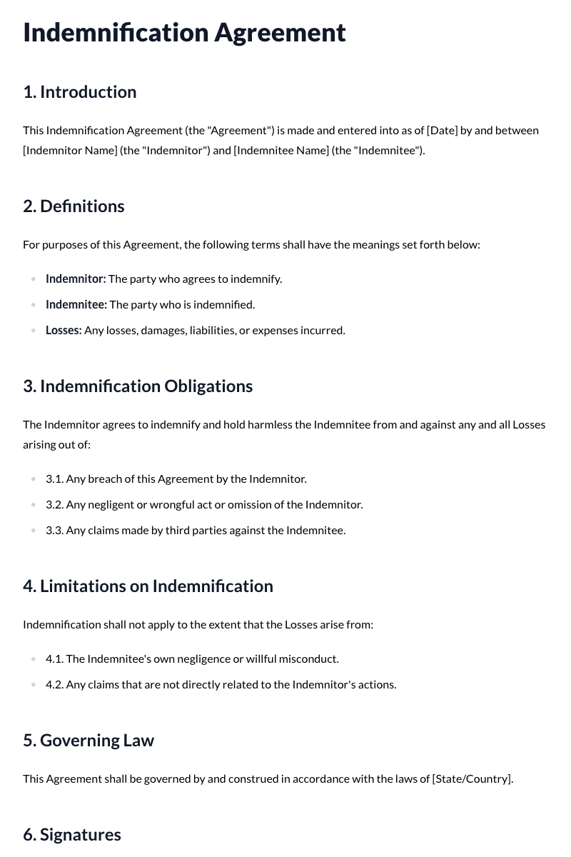 Indemnification Agreements Template