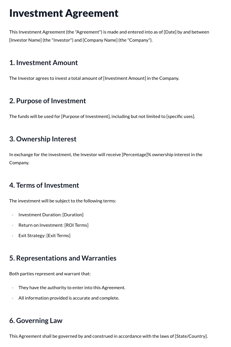 Investment Agreement Template