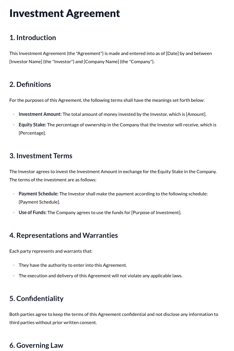 Investment Agreements Template