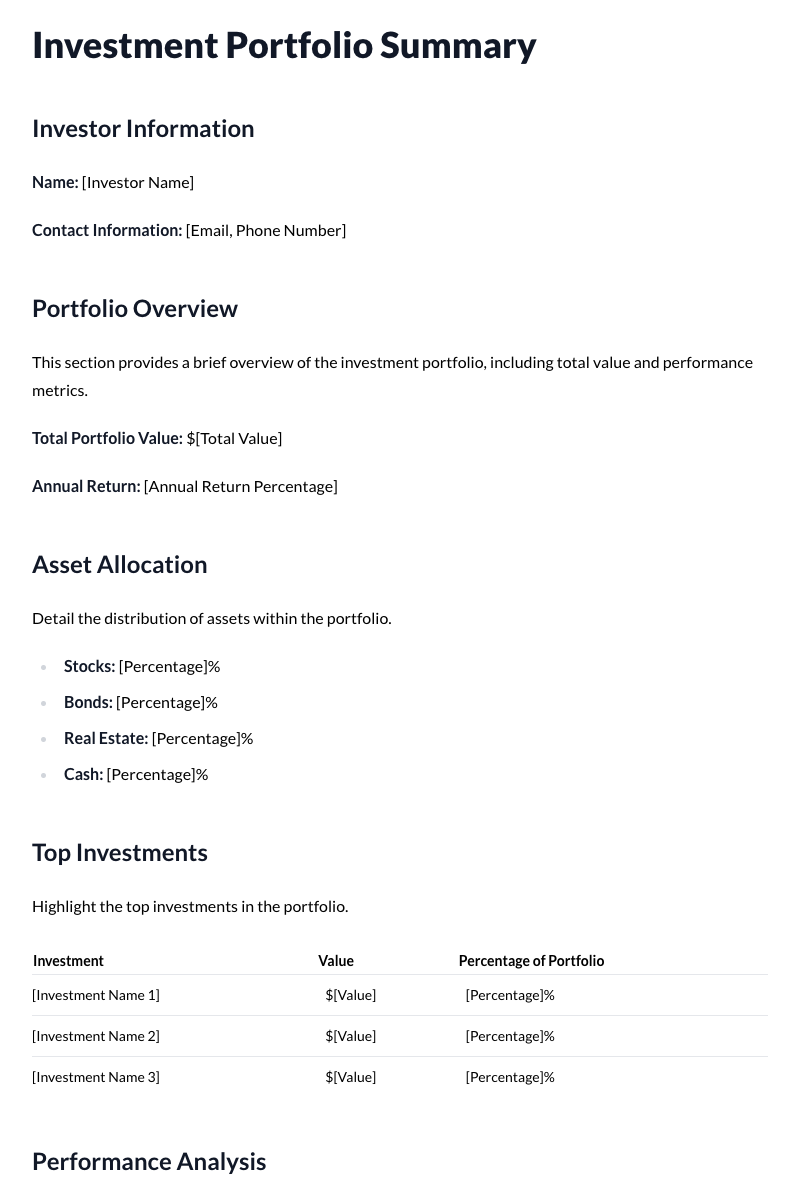 Investment Portfolio Summary Template