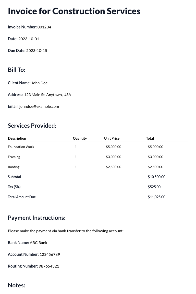 Invoice for Construction Services Template
