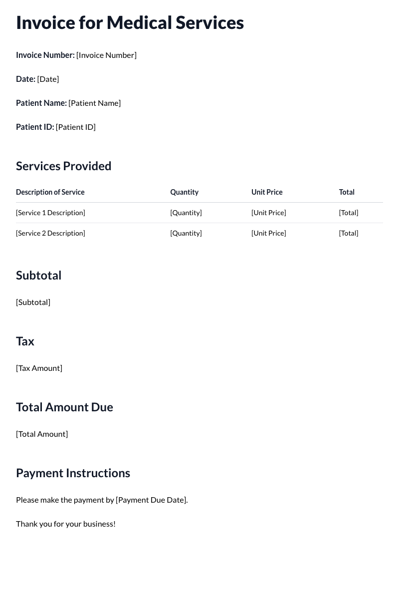 Invoice for Medical Services Template