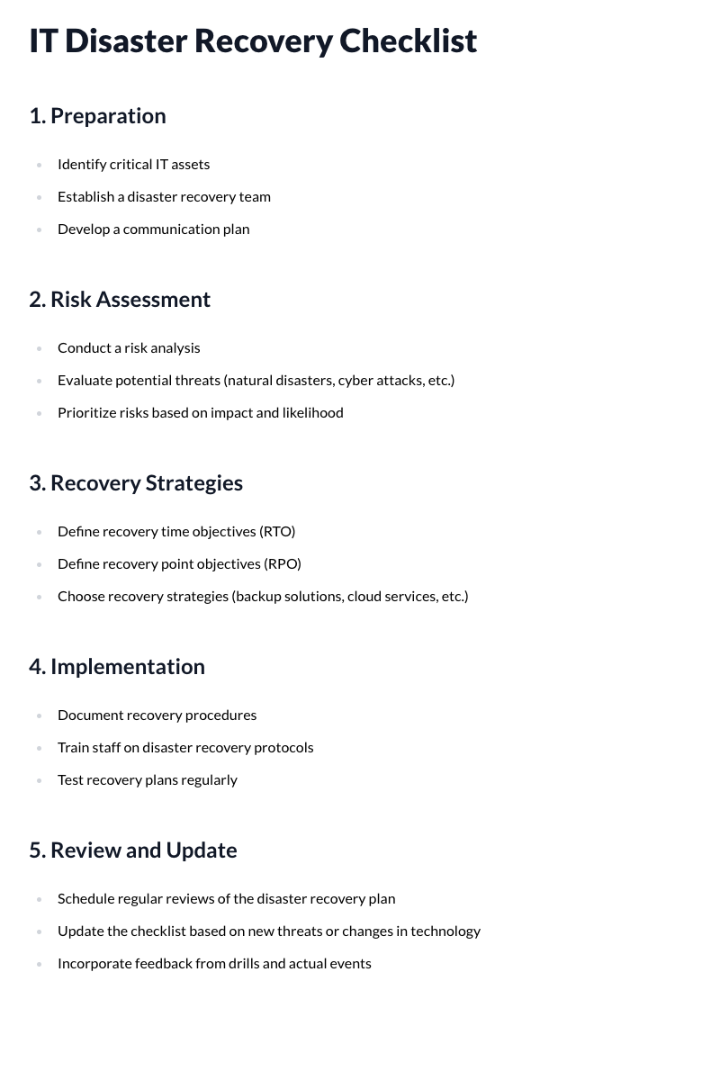 IT Disaster Recovery Checklist Template