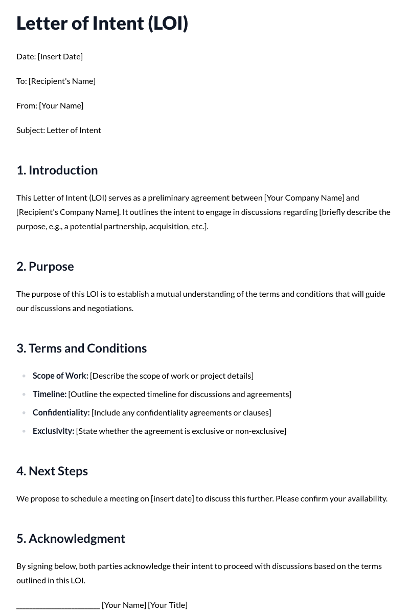 Letters of Intent (LOIs) Template