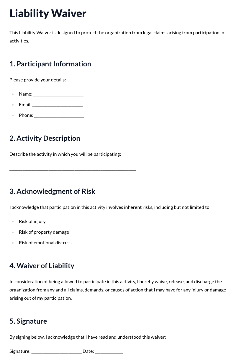 Liability Waiver Template