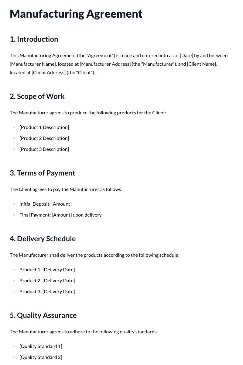 Manufacturing Agreements Template
