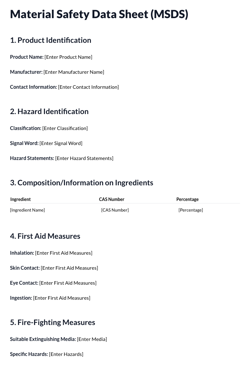 Material Safety Data Sheets (MSDS) Template