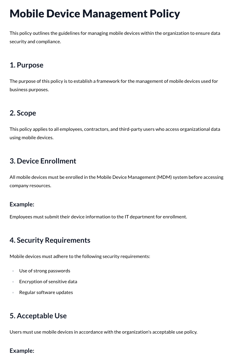 Mobile Device Management Policy Template