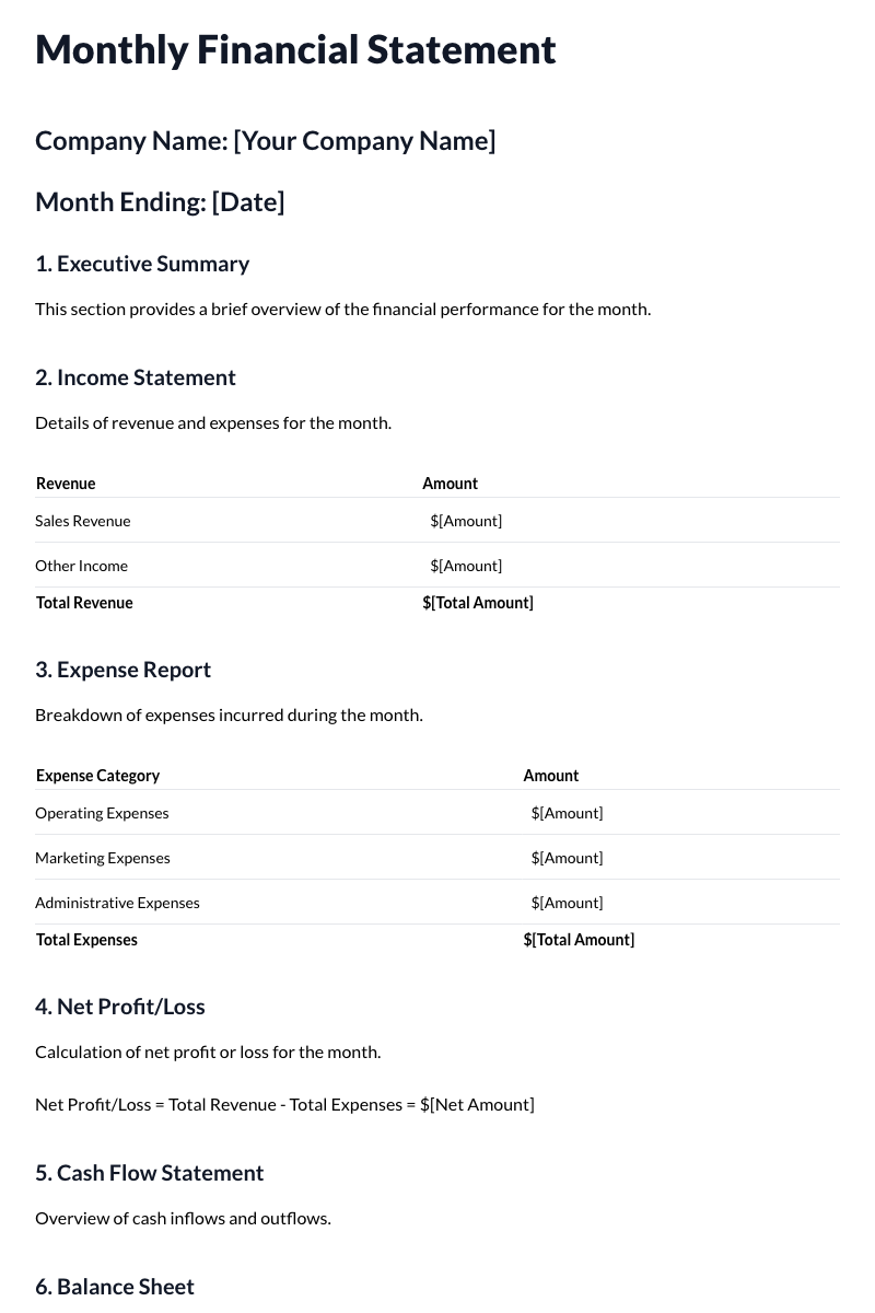 Monthly Financial Statement