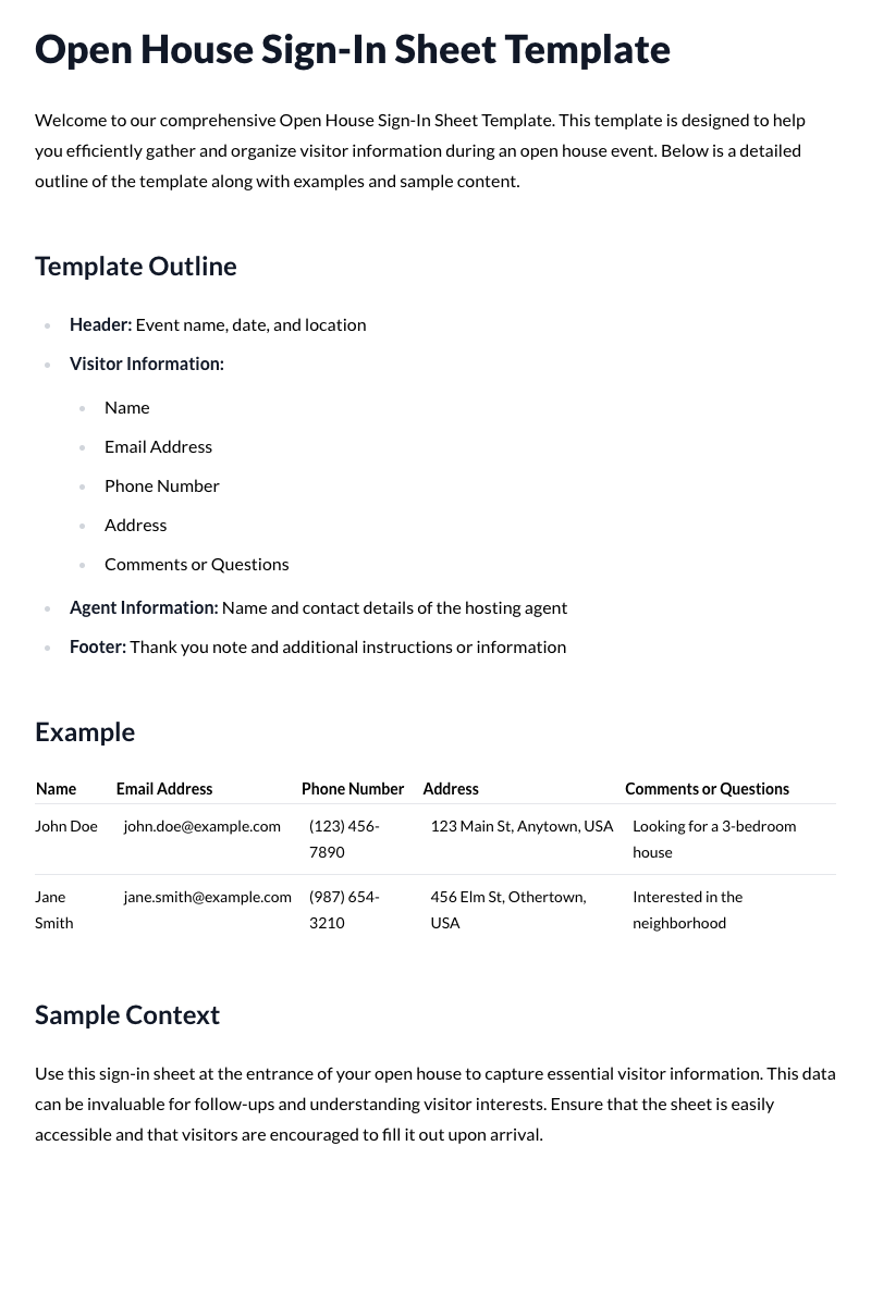 Open House Sign-In Sheet Template