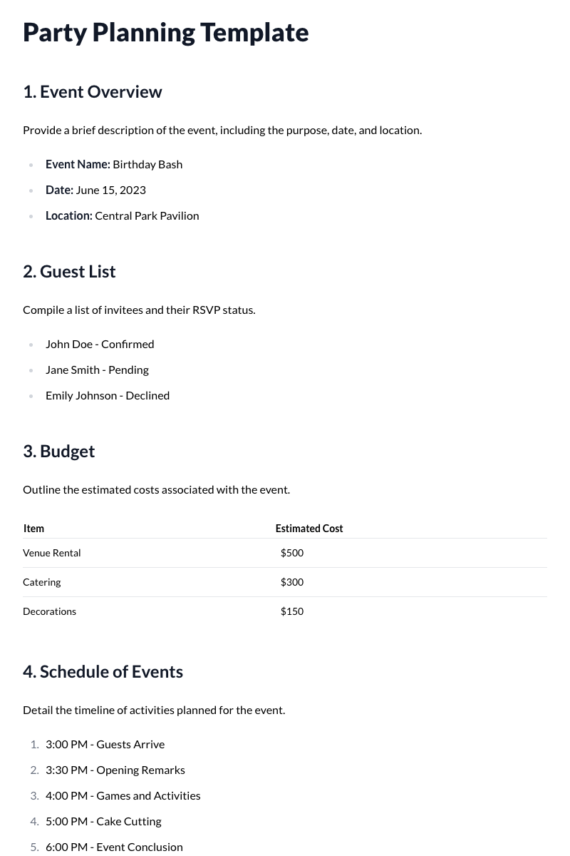 Party Planning Template