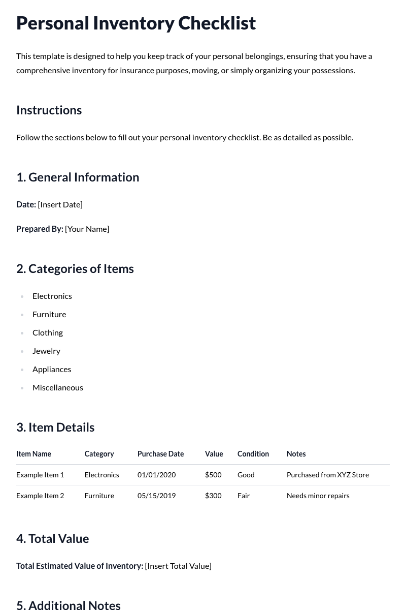 Personal Inventory Checklist Template